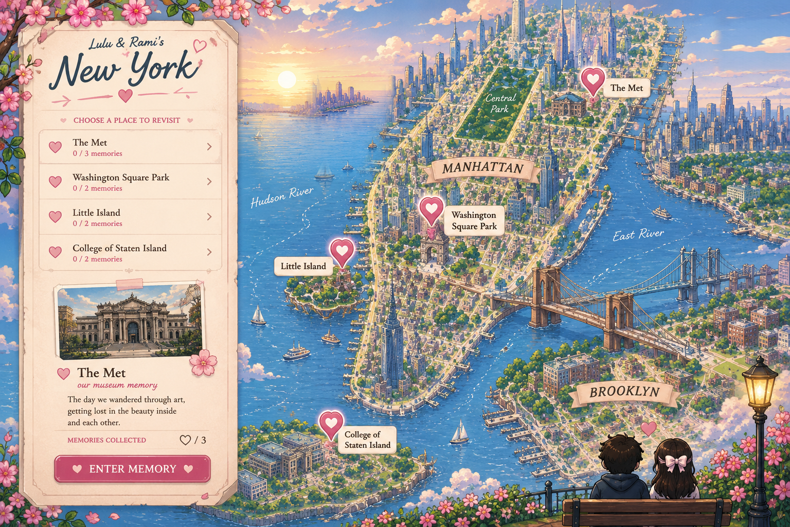 A bright illustrated New York memory map with Manhattan, Brooklyn, Staten Island, flowers, bridges, boats, and Lulu and Rami sitting together in the foreground