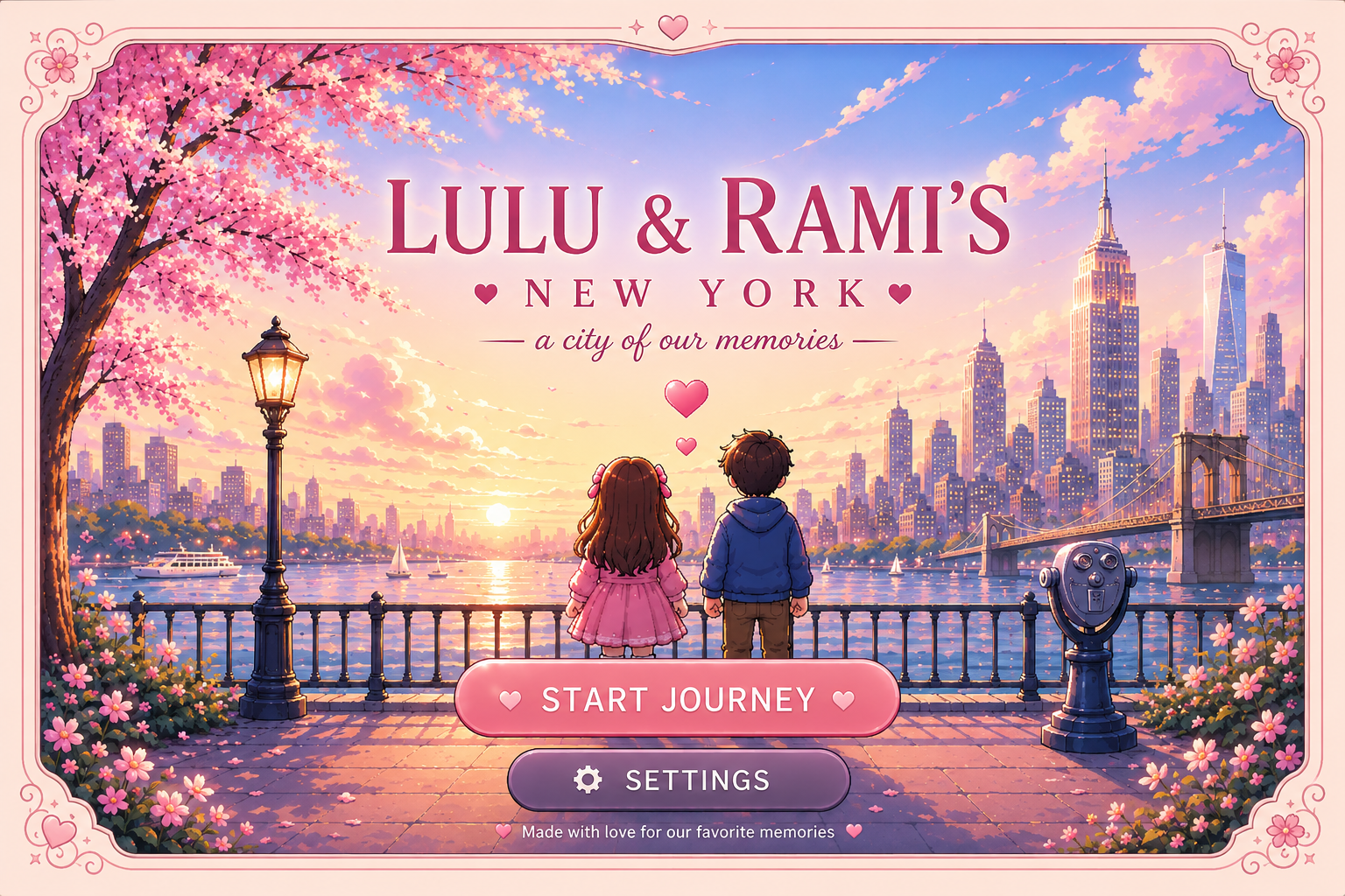 Lulu and Rami overlooking a soft cartoon New York skyline at sunset inside a romantic floral frame